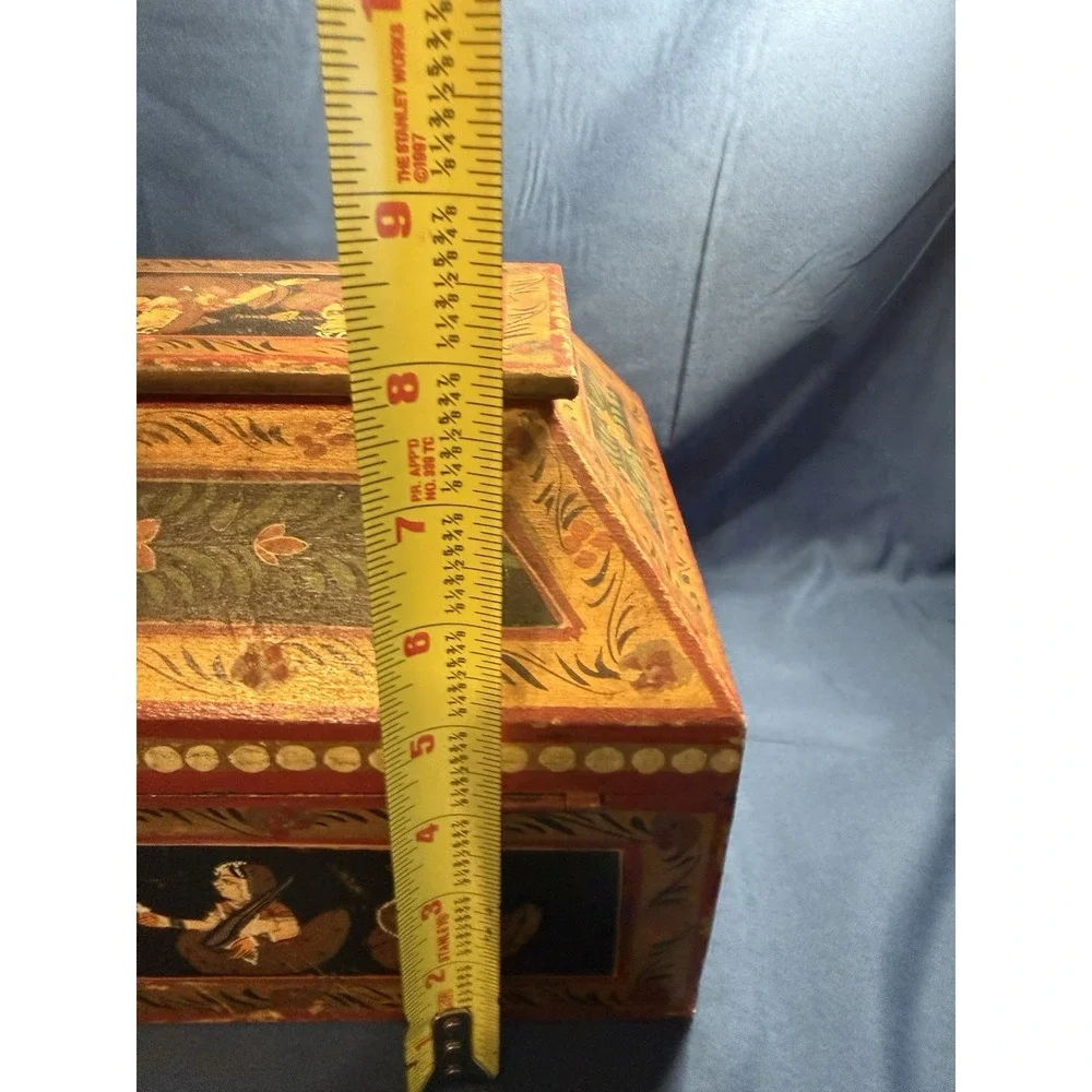 Vintage Anglo Raj Hand Painted Wooden Jewelry Box Indian Rajasthani Folk Art